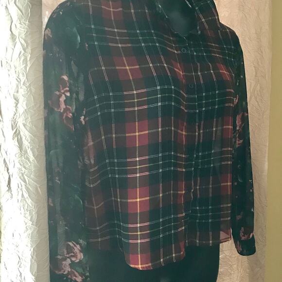 Sans Souci Sheer Plaid Top Floral Sleeves Sz Large - Picture 5 of 7